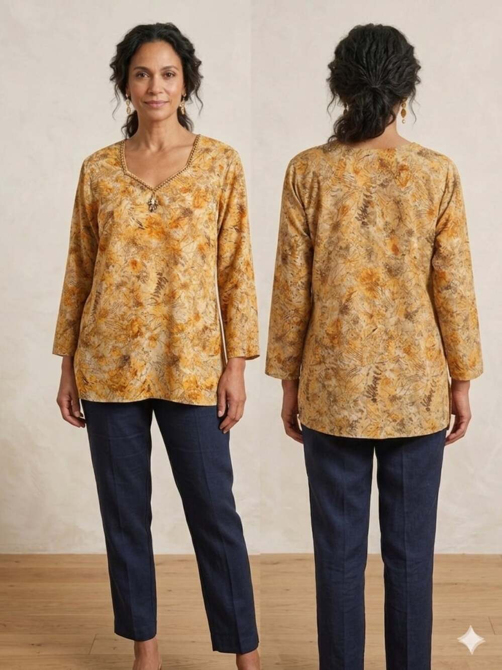 Only You XL Yellow Floral Leaf Print Beaded V-Neck Tunic Top | Pre-Owned